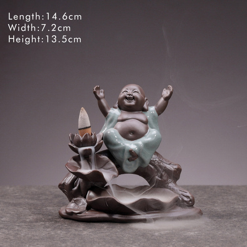 ATELIER-TIBET – Brûleur d’Encens en Céramique Lotus & Petit Moine à Reflux