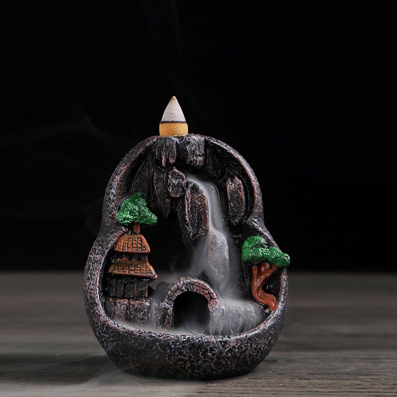 ATELIER-TIBET Brûleur d'encens à reflux en résine de méditation à motif de ponts de montagne