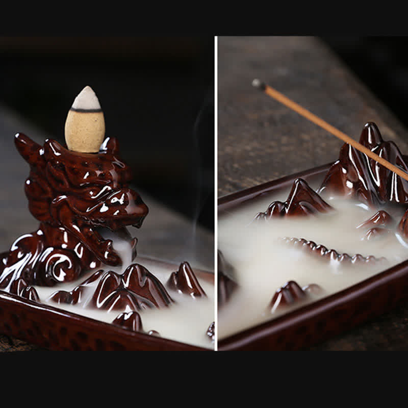 ATELIER-TIBET – Brûleur d’Encens Dragon en Céramique Montagne à Reflux