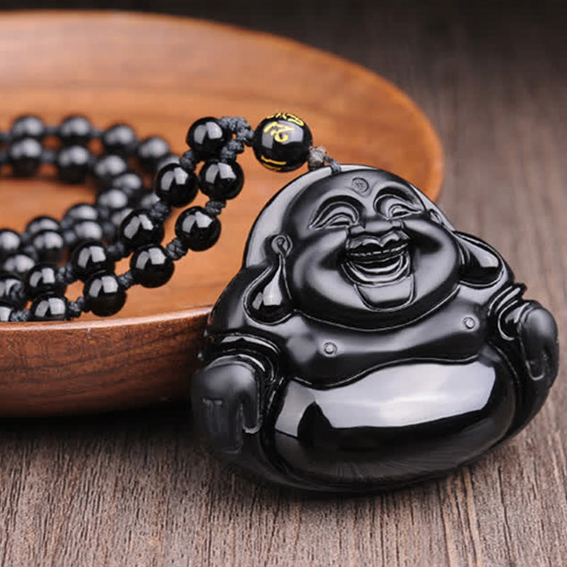 ATELIER-TIBET – Pendentif Bouddha Rieur en Obsidienne Noire Naturelle
