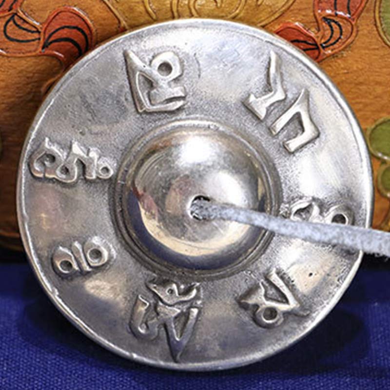 ATELIER-TIBET Cloches Tingsha Tibétaines en Cuivre Blanc – Six Mots Véritables et Symboles Auspicieux