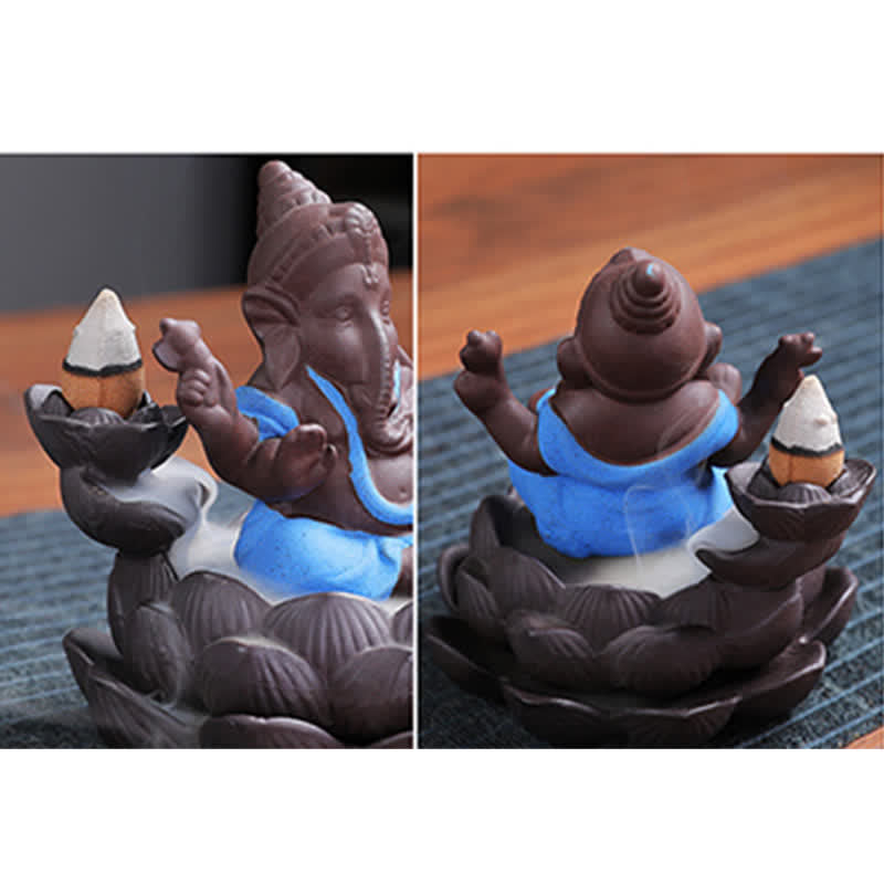 ATELIER-TIBET Brûleur d'encens à reflux en argile violette avec protection contre la fumée de l'éléphant Ganesh