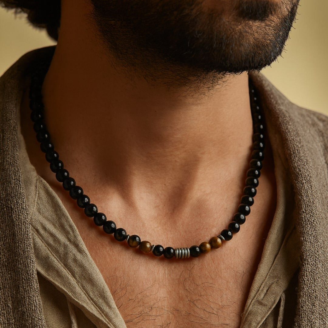 ATELIER-TIBET – Collier Bouclier de Sagesse en Obsidienne Noire & Oeil de Tigre