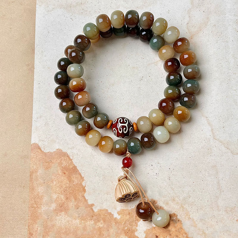 ATELIER-TIBET – Bracelet Double Tour Graine de Bodhi 10 x 9 mm avec Charme Lotus