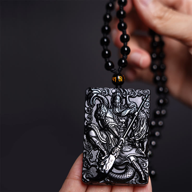 ATELIER-TIBET – Pendentif Guan Gong en Obsidienne Noire Naturelle
