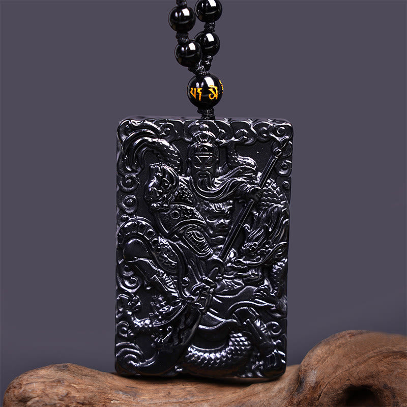 ATELIER-TIBET – Pendentif Guan Gong en Obsidienne Noire Naturelle