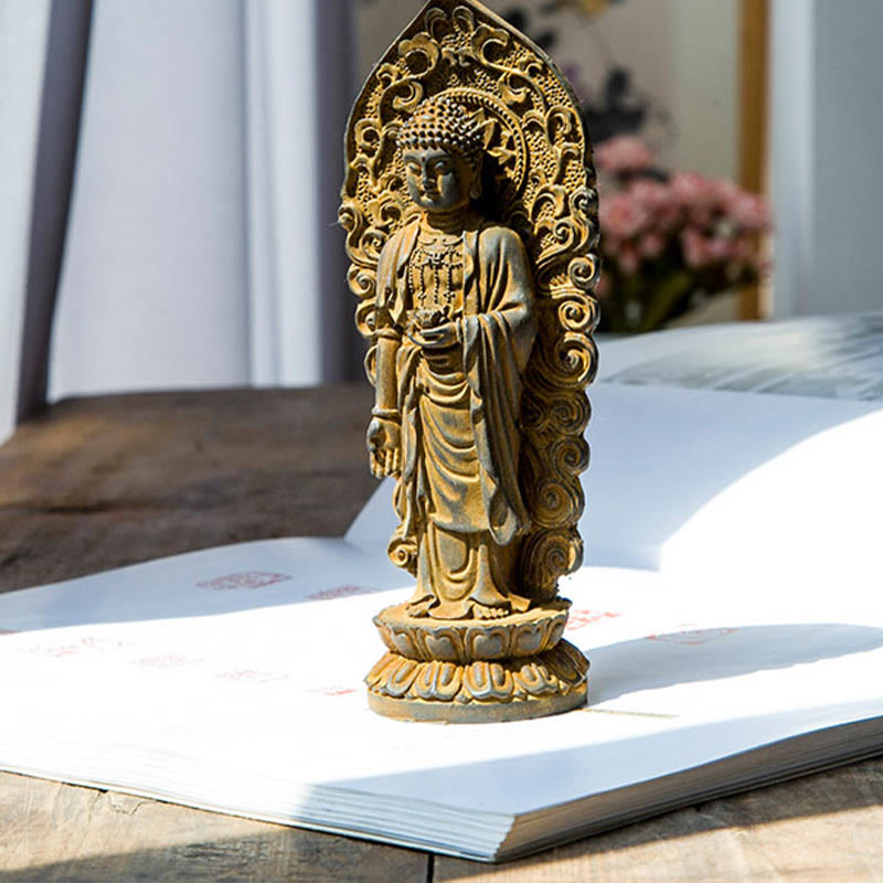 ATELIER-TIBET Statue de Buddha Stones en pierre faite à la main Amitabha Guanyin Avalokitesvara Mahasthamaprapta en poudre de fer et résine coulée rouillée