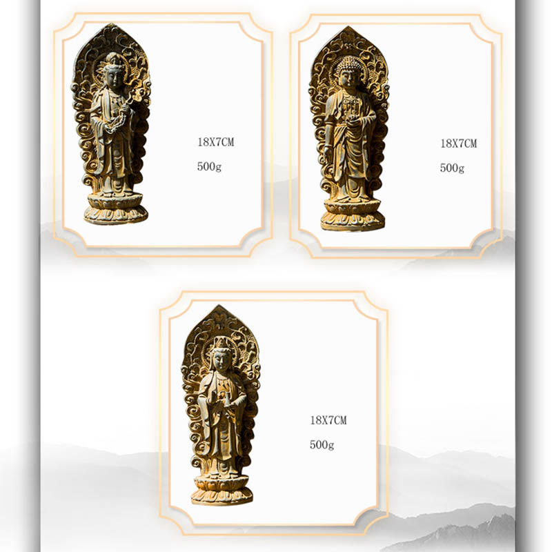 ATELIER-TIBET Statue de Buddha Stones en pierre faite à la main Amitabha Guanyin Avalokitesvara Mahasthamaprapta en poudre de fer et résine coulée rouillée