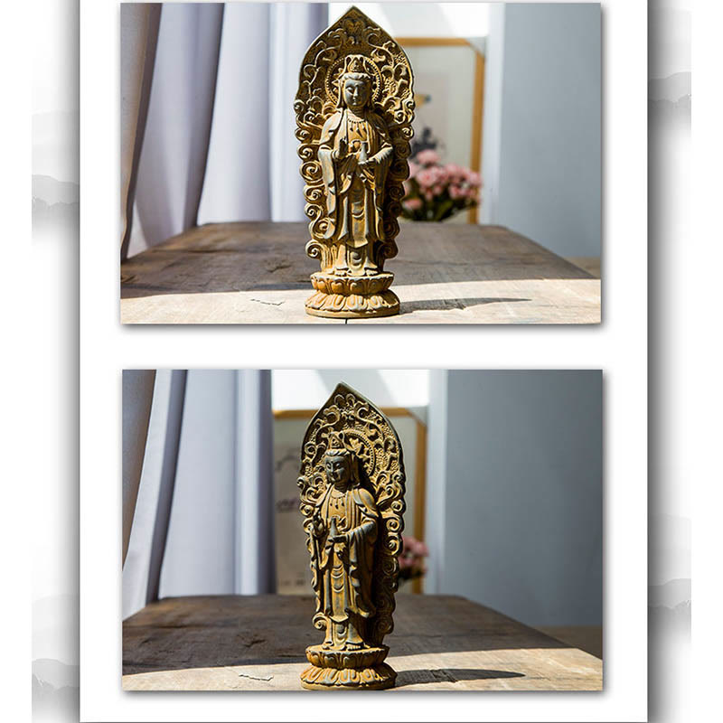 ATELIER-TIBET Statue de Buddha Stones en pierre faite à la main Amitabha Guanyin Avalokitesvara Mahasthamaprapta en poudre de fer et résine coulée rouillée