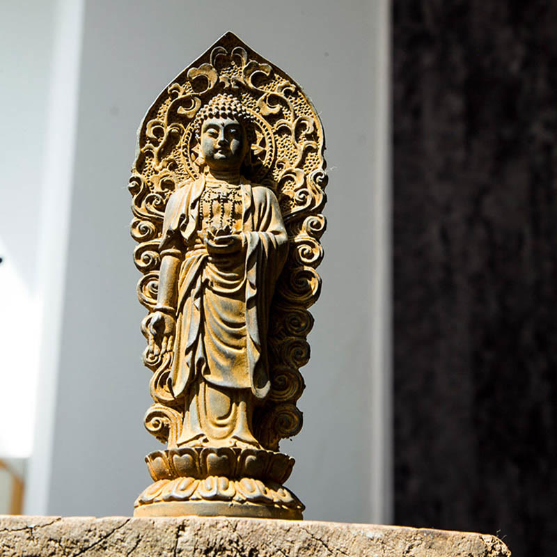 ATELIER-TIBET Statue de Buddha Stones en pierre faite à la main Amitabha Guanyin Avalokitesvara Mahasthamaprapta en poudre de fer et résine coulée rouillée