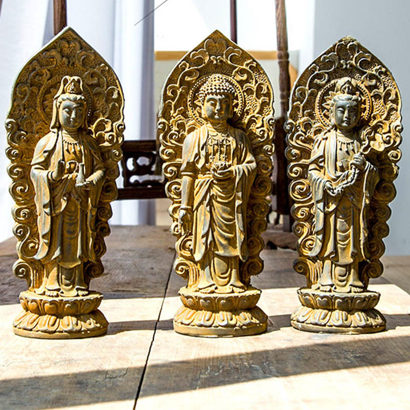 ATELIER-TIBET Statue de Buddha Stones en pierre faite à la main Amitabha Guanyin Avalokitesvara Mahasthamaprapta en poudre de fer et résine coulée rouillée