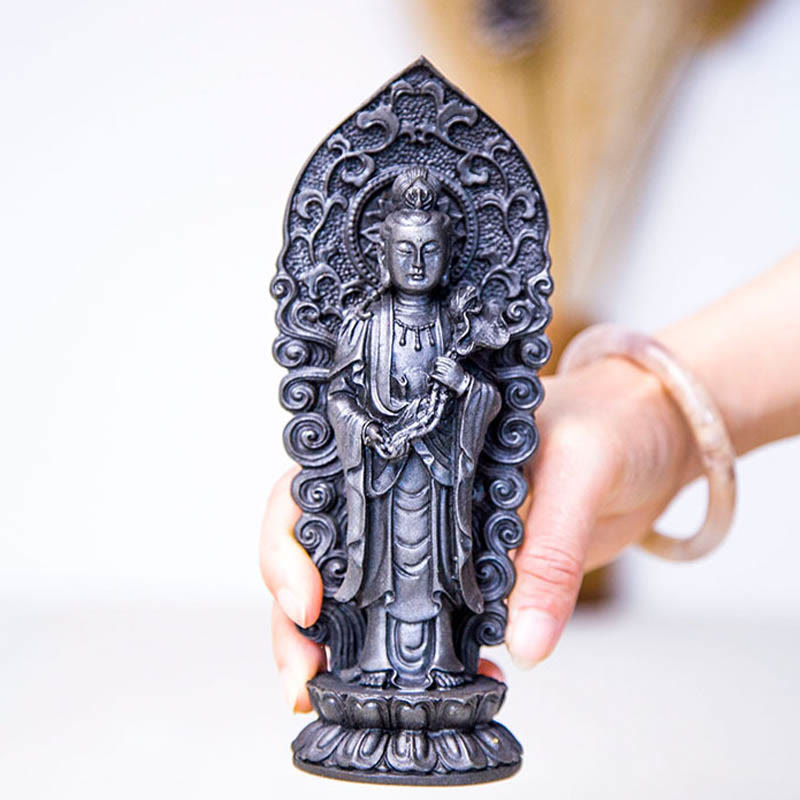 ATELIER-TIBET Statue de Buddha Stones en pierre faite à la main Amitabha Guanyin Avalokitesvara Mahasthamaprapta en poudre de fer et résine coulée rouillée