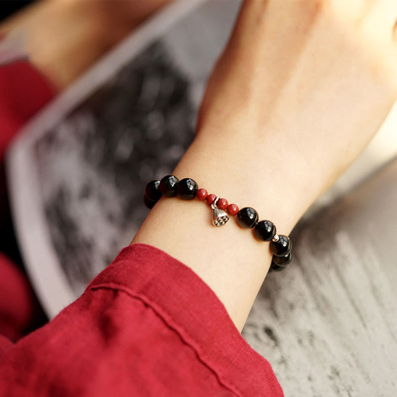 ATELIER-TIBET – Bracelet Force Protectrice en Obsidienne Noire & Lotus – Perles 6 ou 8 mm