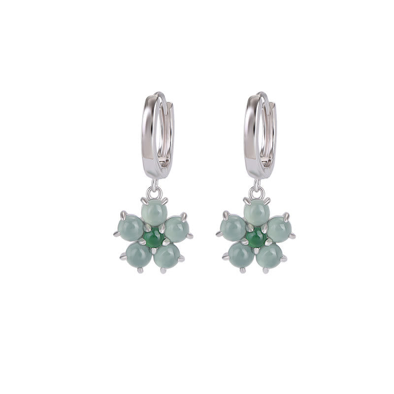 ATELIER-TIBET – Boucles d’Oreilles Fleur en Jade Vert Naturel & Argent 925 Plaqué Or