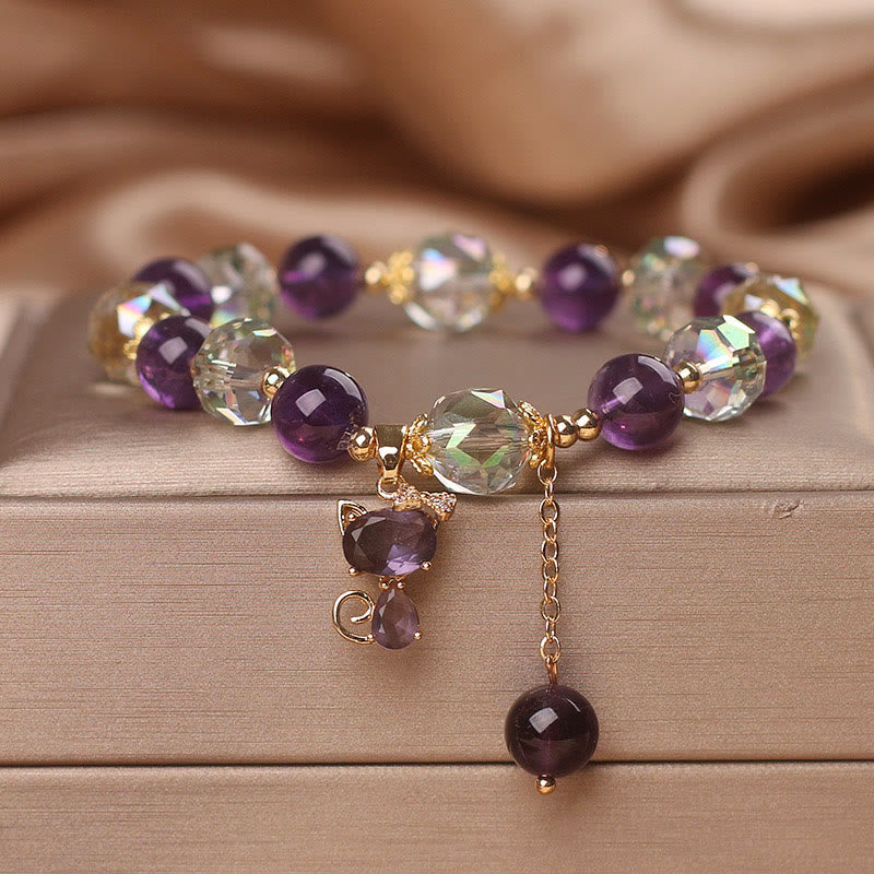 ATELIER-TIBET – Bracelet Méditation en Améthyste & Quartz Clair avec Breloque Renard | Sérénité & Clarté Symbolique