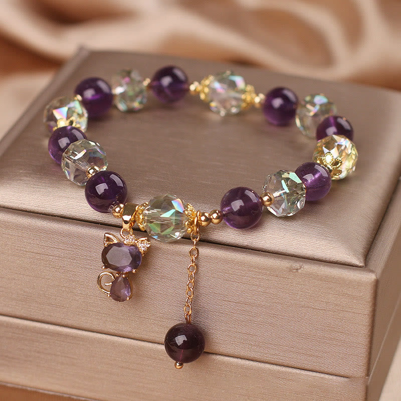 ATELIER-TIBET – Bracelet Méditation en Améthyste & Quartz Clair avec Breloque Renard | Sérénité & Clarté Symbolique