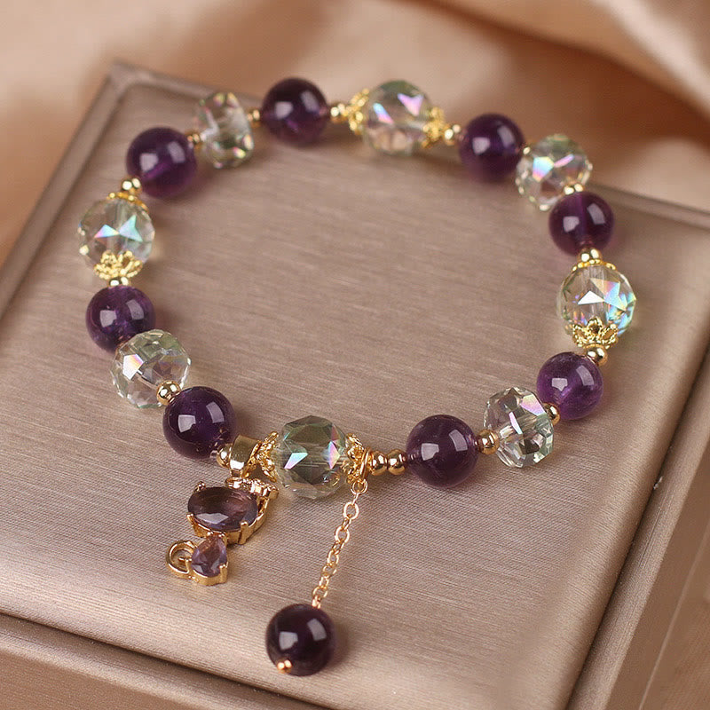 ATELIER-TIBET – Bracelet Méditation en Améthyste & Quartz Clair avec Breloque Renard | Sérénité & Clarté Symbolique