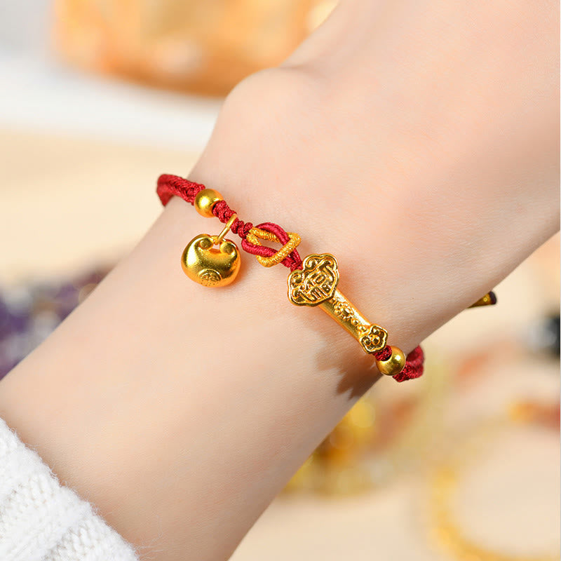 ATELIER-TIBET – Bracelet Tressé Porte-Bonheur Fil Rouge Fu & Bâton Ruyi