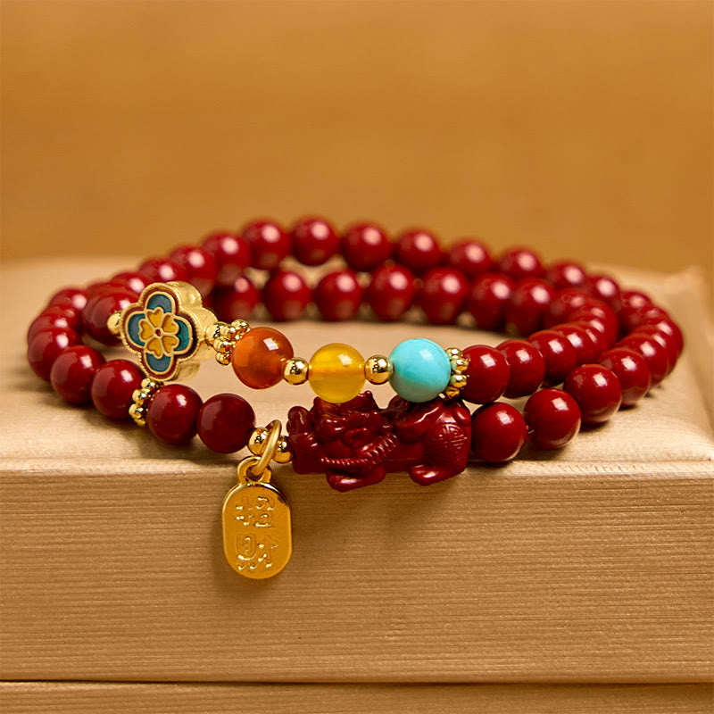 ATELIER-TIBET – Bracelet Double Tour en Cinabre 6 mm PiXiu & Fu | Abondance & Protection Symbolique