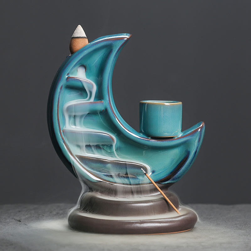 ATELIER-TIBET – Brûleur d’Encens Lune Croissante Bleu en Céramique à Reflux – 12,2 cm