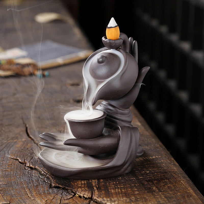 ATELIER-TIBET Bouddha Main Tenant Théière Tasse Céramique Fontaine de Fumée à Refoulement Brûleur d'Encens de Guérison Décoration