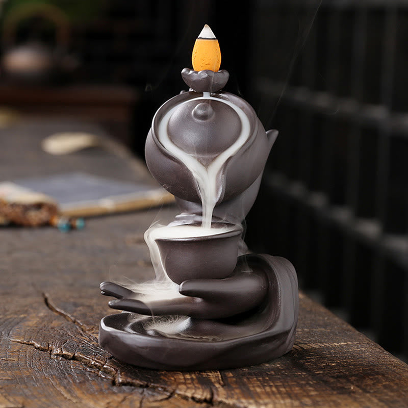 ATELIER-TIBET Bouddha Main Tenant Théière Tasse Céramique Fontaine de Fumée à Refoulement Brûleur d'Encens de Guérison Décoration