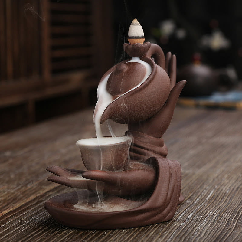 ATELIER-TIBET Bouddha Main Tenant Théière Tasse Céramique Fontaine de Fumée à Refoulement Brûleur d'Encens de Guérison Décoration