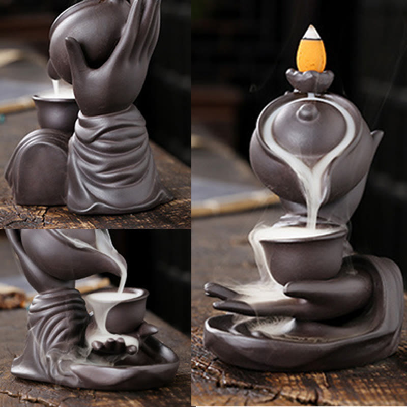 ATELIER-TIBET Bouddha Main Tenant Théière Tasse Céramique Fontaine de Fumée à Refoulement Brûleur d'Encens de Guérison Décoration