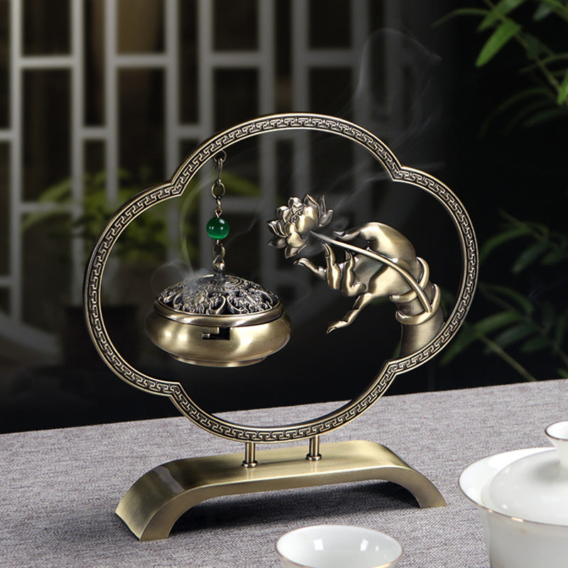 ATELIER-TIBET | Brûleur d’Encens Ni Hua Na Fu en Laiton – Sculpture Lotus Porte-Bonheur
