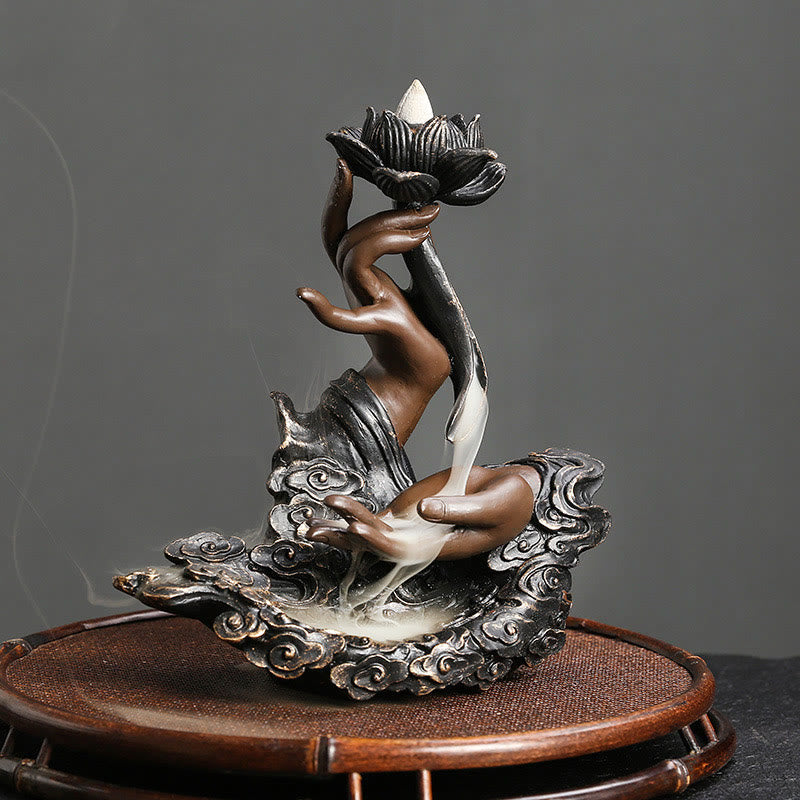 ATELIER-TIBET Brûleur d'encens à reflux en résine avec Buddha Stones et main de Bouddha, motif de nuages propices, méditation