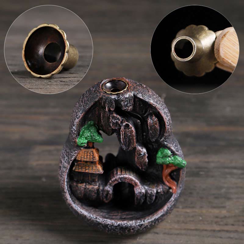 ATELIER-TIBET Brûleur d'encens à reflux en résine de méditation à motif de ponts de montagne