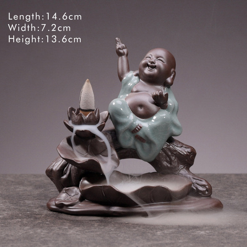 ATELIER-TIBET Brûleur d'encens en céramique avec bénédiction de lotus et petit moine en Buddha Stones