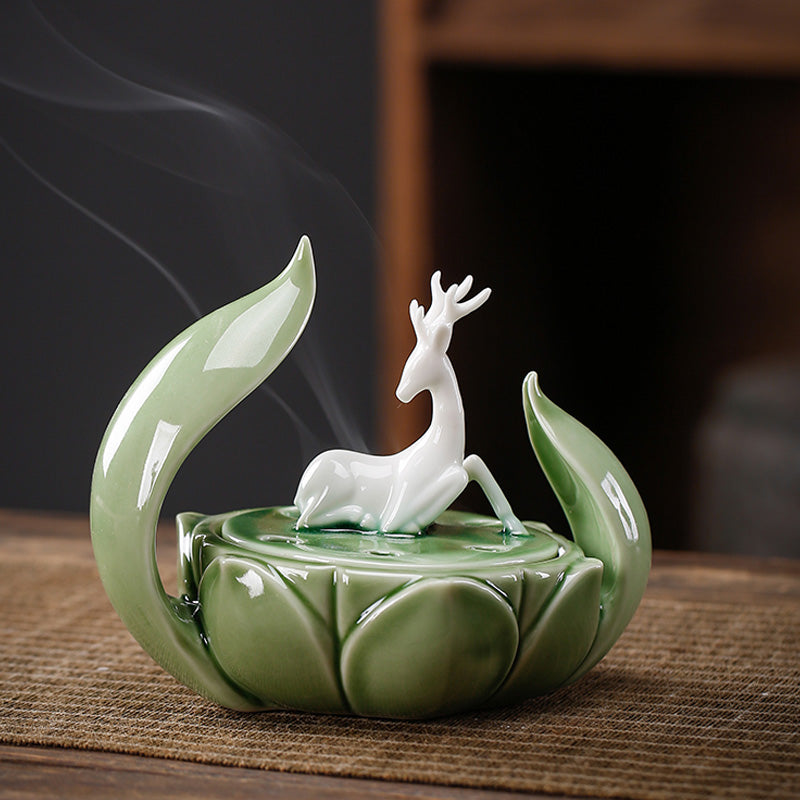 ATELIER-TIBET | Brûleur d’Encens Cerf sur Lotus – Céramique Zen Artisanale