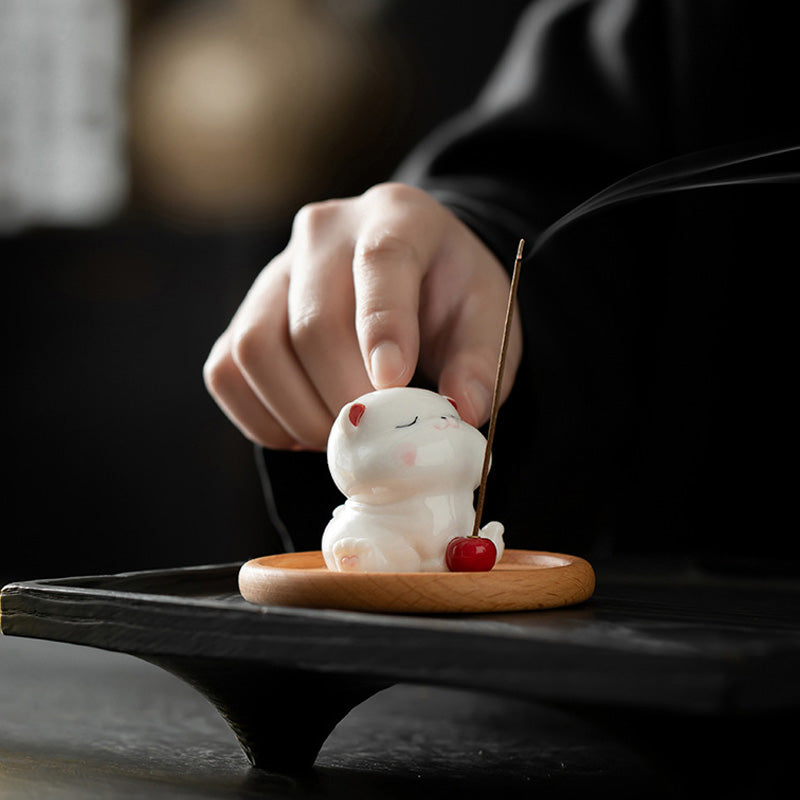 ATELIER-TIBET Porte-Encens Céramique Chat – Design Adorable & Plateau Bois (5,4 cm)