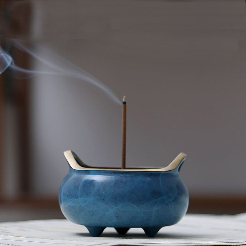 ATELIER-TIBET Brûleur d’Encens Tripode Émaillé Bleu – Style Ancien (6 cm)