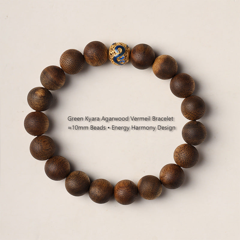 ATELIER-TIBET Bracelet Multi-Rangs Rétro Forêt en Bois d’Agar Vert – Perles 10 mm & Argent S925 Doré