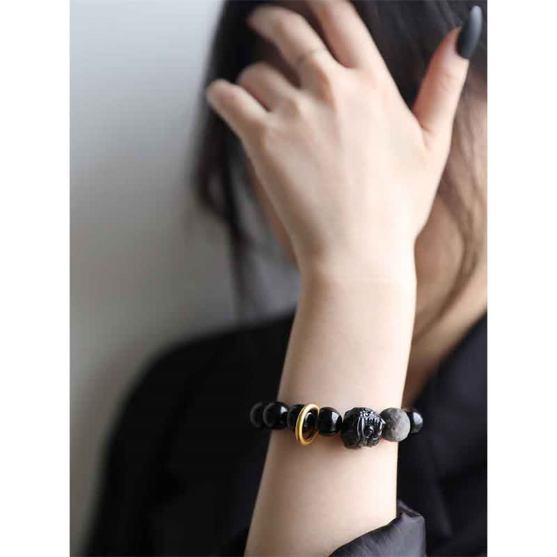 ATELIER-TIBET – Bracelet Force du Lion en Obsidienne Noire & Argentée – Perles 12 mm