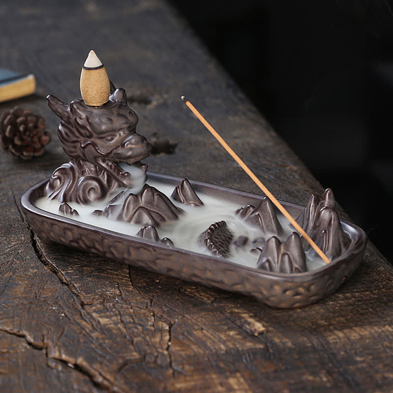 ATELIER-TIBET – Brûleur d’Encens Dragon en Céramique Montagne à Reflux