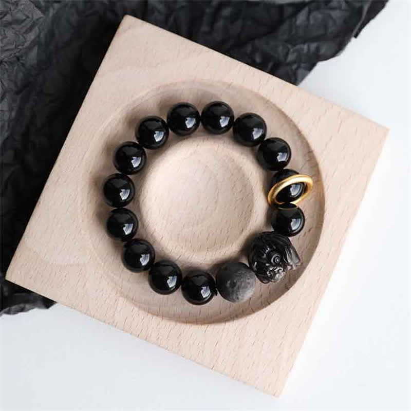 ATELIER-TIBET – Bracelet Force du Lion en Obsidienne Noire & Argentée – Perles 12 mm