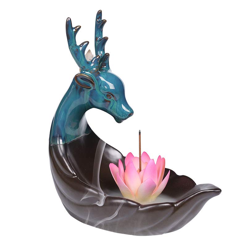 ATELIER-TIBET – Brûleur d’Encens en Céramique Lotus & Cerf à Reflux