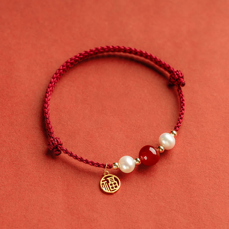 ATELIER-TIBET – Bracelet Fil Rouge en Argent Sterling 925 avec Symbole Fu (福)