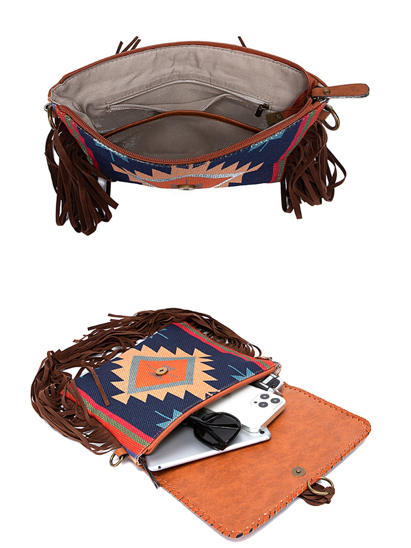 ATELIER-TIBET – Sac à bandoulière femme en cuir style boho – Cuir véritable – 26 cm