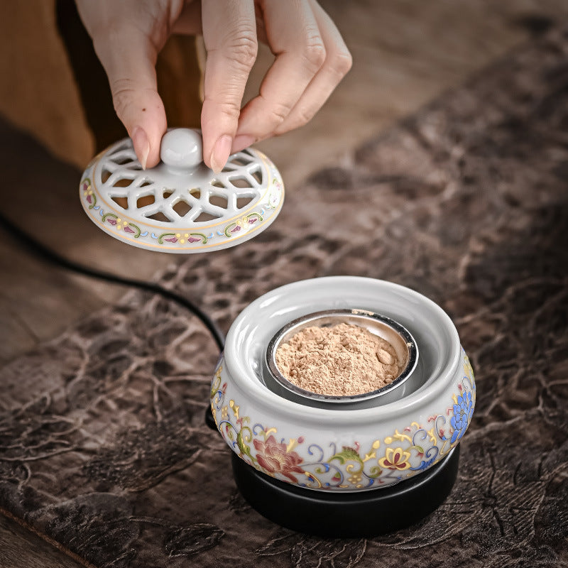 ATELIER-TIBET | Brûleur d’Encens Électrique Lotus Peint – Céramique Artisanale d’Inspiration Chinoise