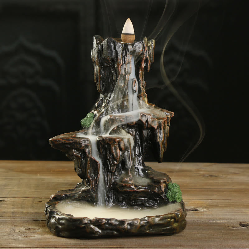 ATELIER-TIBET Brûleur d'encens à refoulement en cascade Buddha Stones et porte-encens en forme de tour de montagne