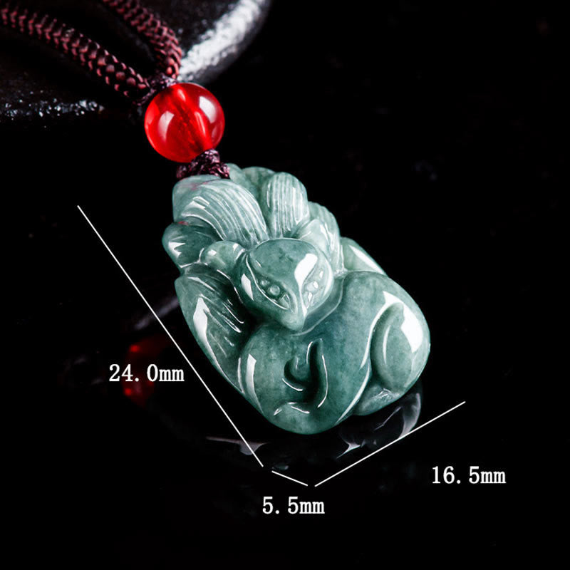 ATELIER-TIBET – Collier de Prospérité Renard à Neuf Queues en Jade Vert Naturel – Pendentif Symbolique Unisexe