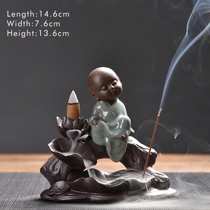 ATELIER-TIBET Brûleur d'encens en céramique avec bénédiction de lotus et petit moine en Buddha Stones