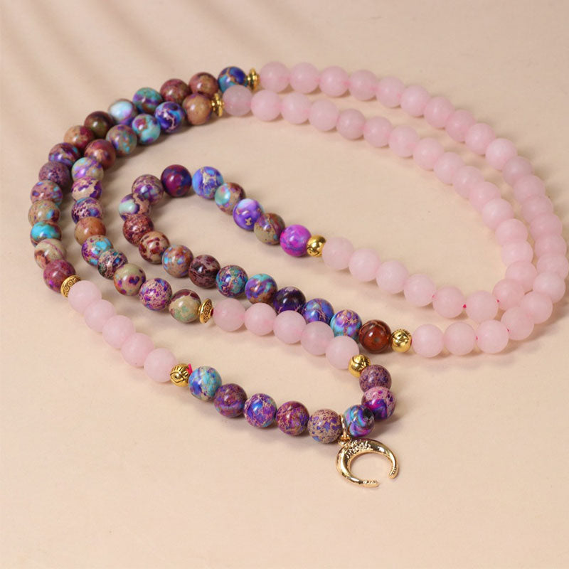 ATELIER-TIBET – Mala de Méditation 108 Perles en Miano Real & Cristal Rose – Bracelet / Collier Spirituel Unisexe