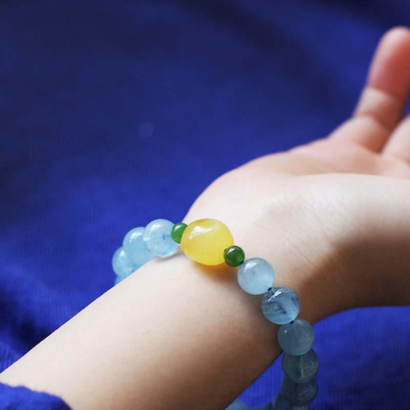ATELIER-TIBET – Bracelet Sérénité en Aigue-Marine & Ambre Naturels 8 mm | Harmonie & Apaisement Symbolique