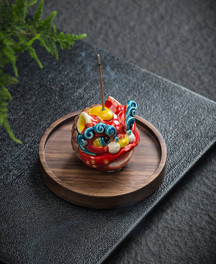 ATELIER-TIBET Porte-Encens Céramique Danse du Lion – Art Traditionnel & Symbolique Culturelle (5 cm)