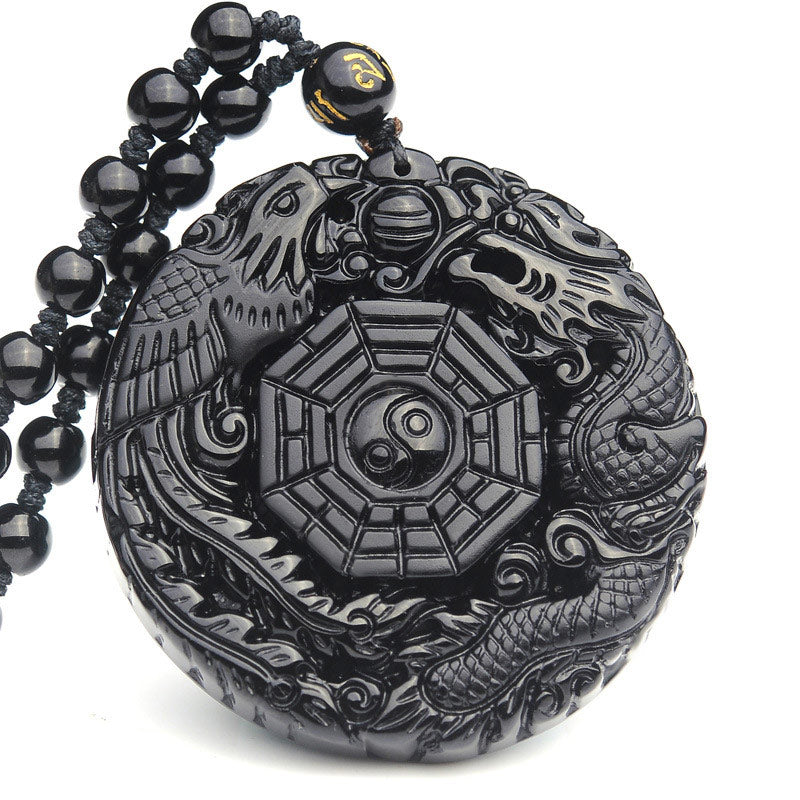 ATELIER-TIBET – Pendentif Bagua Dragon & Phénix en Obsidienne Noire Naturelle